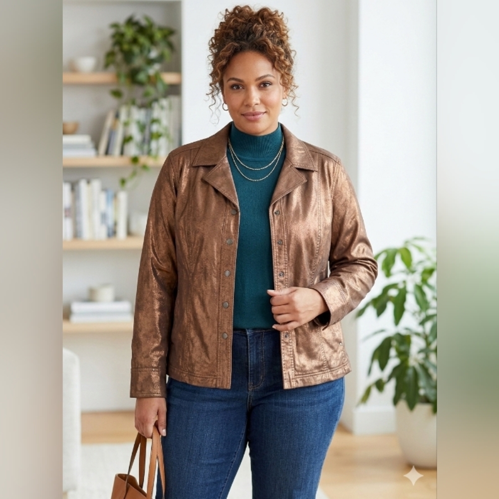 Sassy Coldwater Creek Bronze Metallic Button-Up Jacket | Plus Size 22 Like New